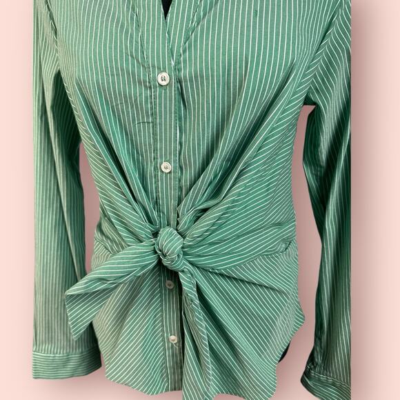 Maeve Women’s Size 8 Green/White Pinstripe Tie Front Button Up Shirt - Picture 2 of 6